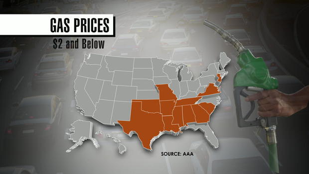 A map showing the states where gas is being sold for less than $2 a gallon               CBS News