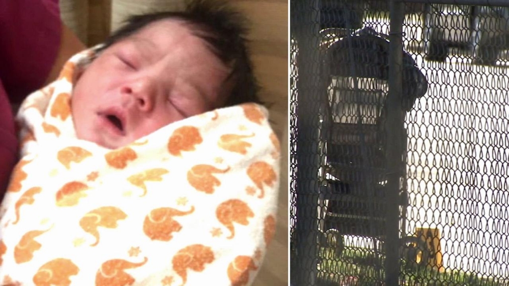 A newborn baby and the stroller he was found abandoned in are shown in images from Tuesday Aug. 4 2105