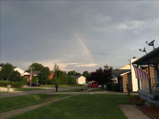 A rainbow hovers over Radcliff on Monday