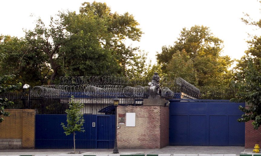 A view shows the entrance of the British embassy in Tehran