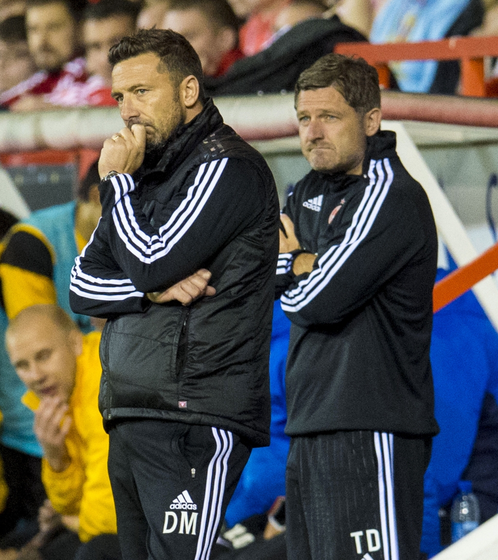 Aberdeen manager Derek Mc Innes and assistant Tony Docherty look on anxiously from the dugout