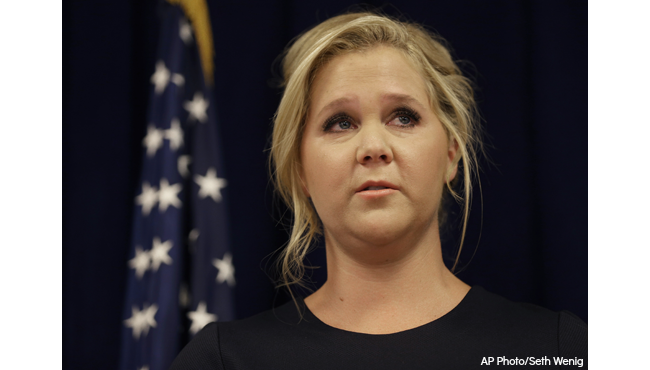 Actress Amy Schumer becomes emotional during a news conference in New York Monday Aug. 3 2015