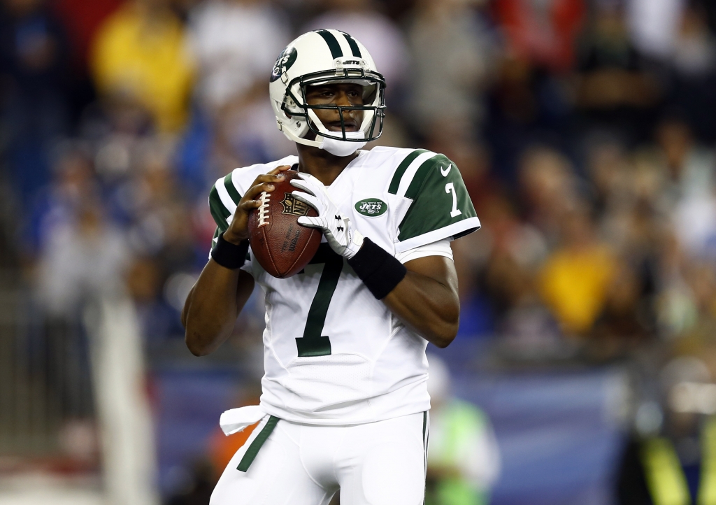 Oct 16 2014 Foxborough MA USA. New York Jets quarterback Geno Smith looks to throw the ball during the first half at Gillette Stadium. Mandatory Credit Mark L. Baer-USA TODAY Sports ORG XMIT USATSI-180194 ORIG FILE ID