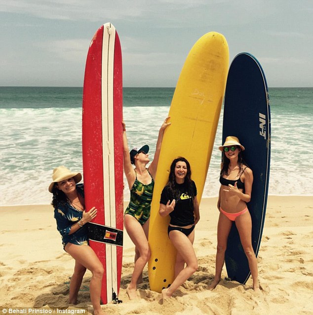 Surf's up! Behati Prinsloo took to Instagram to share this snap with her gal pals Brie Lawson Nasim Pedrad and Savannah Buffett which she captioned with a bunch of emojis