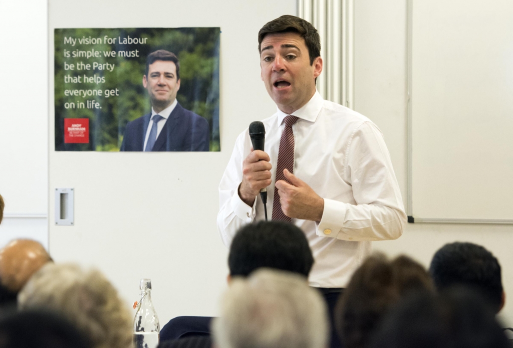 Andy Burnham contender in the Labour leadership race rallies supporters in Slough