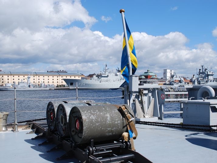 Anti-submarine depth charges seen on the deck of Swedish Koster-class naval mine-hunter HMS Ulvon at Karlskrona naval base