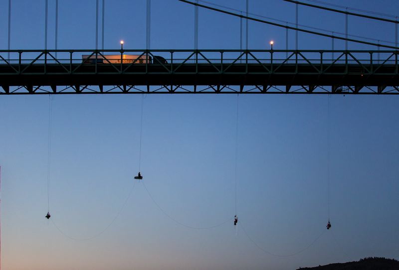 Greenpeace protesters hung from the St. Johns Bridge early Wednesday morning as part of the protest trying to block the Shell OIl ice breaker's departure