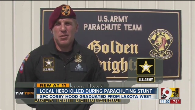 U.S. Army shows Sgt. 1st Class Corey Hood. A parachutist the Army Golden Knights Hood died Sunday after suffering severe injuries from an accident during a stunt on Saturday at the Chicago Air & Water Show the Cook Cou