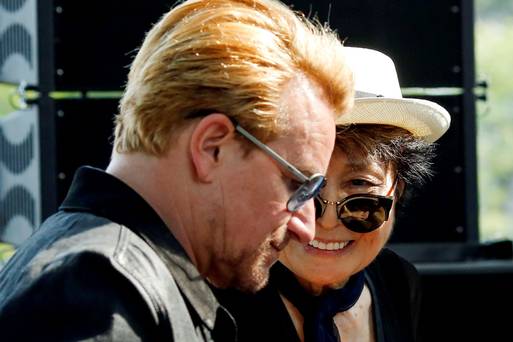 Artist Yoko Ono, the widow of John Lennon speaks to Bono