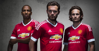 Ashley Young, Juan Mata and Daley Blind model the new kit