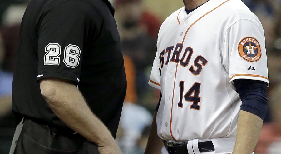 Houston Astros manager A.J. Hinch argues with home plate umpire Bill Miller about a call the fifth inning of a baseball game against the Detroit Tigers on Saturday Aug. 15 2015 in Houston. Hinch was ejected from the game. (AP