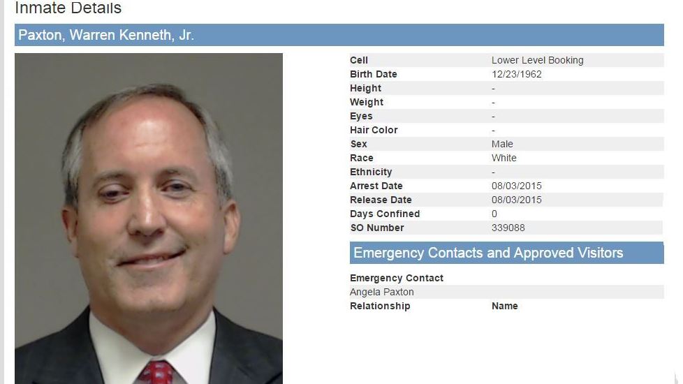 Attorney General Ken Paxton was booked on three felony securities fraud charges in Texas Monday morning