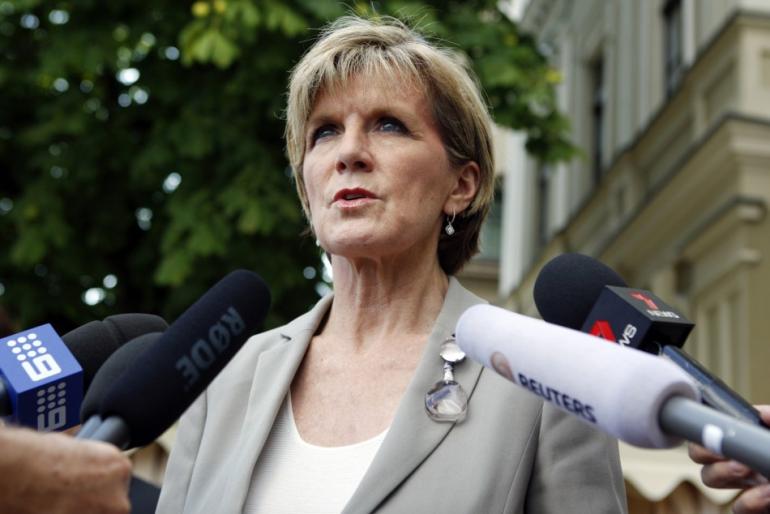 Australia's Foreign Minister Julie Bishop talks to journalists