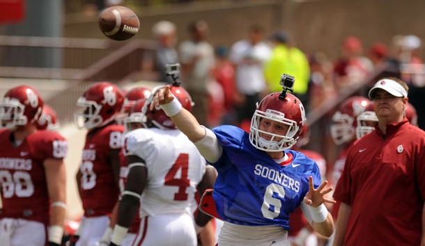 Baker Mayfield passes the ball during the spring game at Gaylord Family Oklahoma Memorial Stadium. Mark D. Smith-USA TODAY Sports