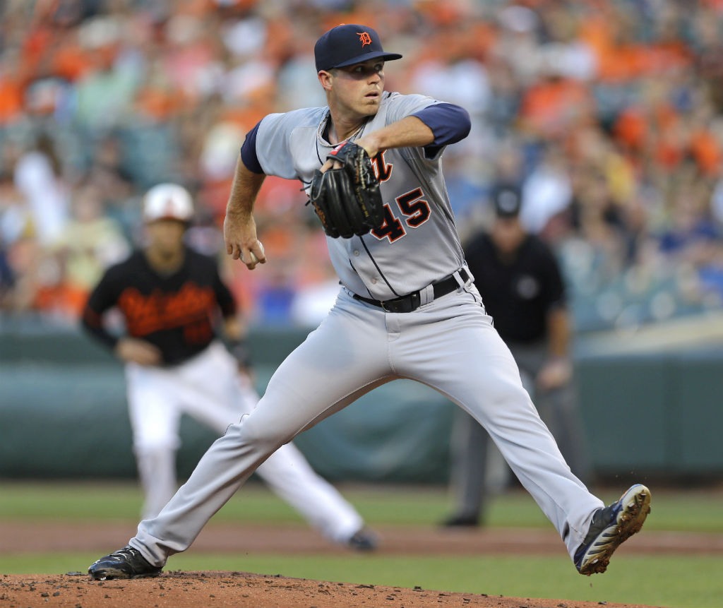 Detroit Tigers starting pitcher Buck Farmer throws to the Baltimore Orioles in the first inning of a baseball game Friday