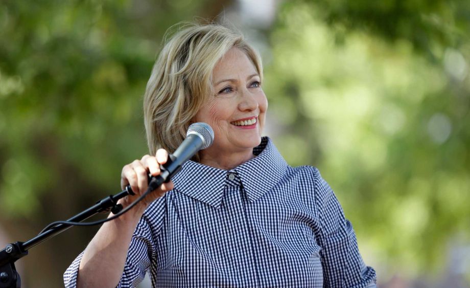 Democratic presidential candidate Hillary Rodham Clinton speaks during a news conference during a visit to the Iowa State Fair Saturday Aug. 15 2015 in Des Moines Iowa