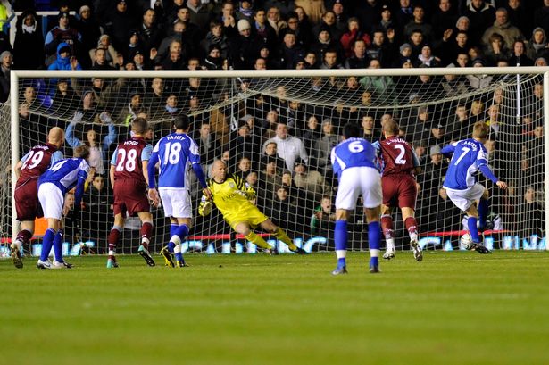 Birmingham City v Aston Villa at St Andrews in the Carling Cup Quarter finals with Sebastian Larsson scores from the spot to make it 1-0