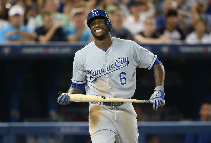 TORONTO CANADA- JULY 30 Lorenzo Cain #6 of the Kansas City Royals reacts after being called out on strikes in the eighth inning during MLB game action against the Toronto Blue Jays