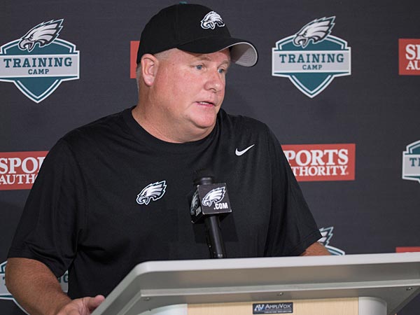 Philadelphia Eagles head coach Chip Kelly takes questions from themedia during practice at NFL football training camp Sunday Aug. 2,2015 in Philadelphia