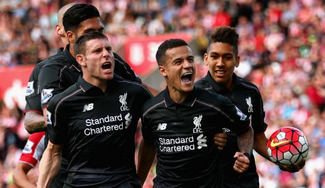 Liverpool celebrates Coutinho's winning goal