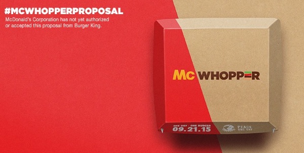 King shows a œMcWhopper.  In full-page newspaper ads Wednesday Aug. 26 2015 Burger King said it ™s calling for a truce with Mc Donald ™s so that they can create a mashup of their most famous burgers the Big Mac