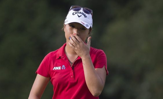 New Zealand reacts to missing a shot on the 15th hole during the final round of the Canadian Pacific Women's Open golf tournament at Vancouver Golf Club in Coquitlam British Columbia