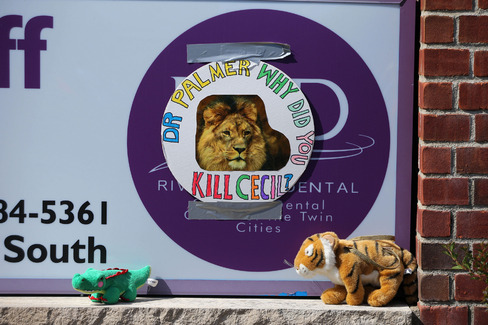 Protesters place stuffed animals on the sign of Dr. Walter Palmer's River Bluff Dental Clinic in Minnesota on July 29