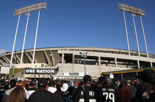 A general view from the outside of then called Mc Afee Coliseum prior to the NFL game between the Denver Broncos and the Oakland Raiders