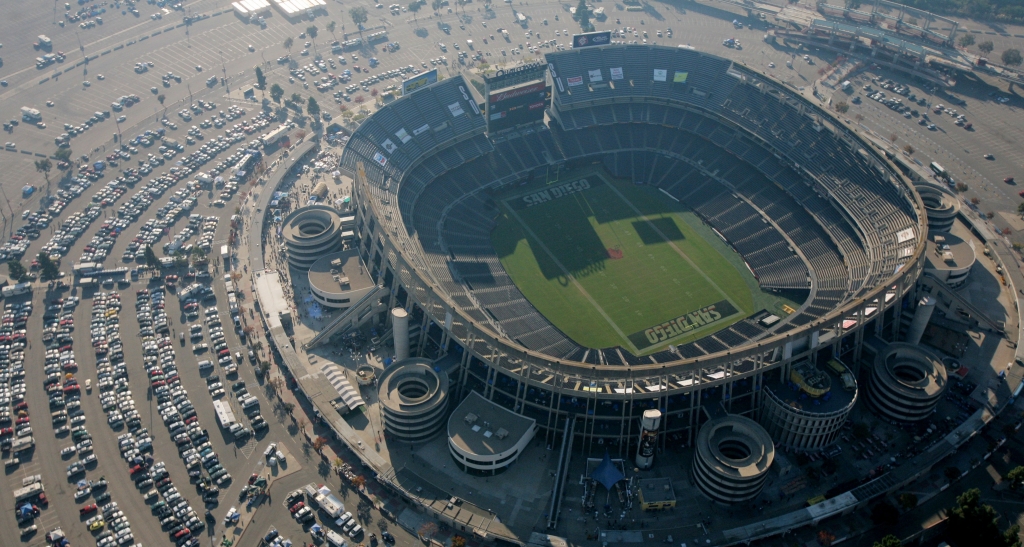 San Diego officials will recommend Thursday that a new stadium for the Chargers be constructed at the site of their current home Qualcomm Stadium in Mission Valley seen above rather than downtown