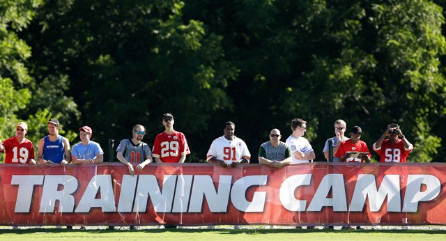 Kansas City Chiefs fans watch practice from behind a banner during NFL football training camp in St. Joseph Mo. Tuesday Aug. 11 2015