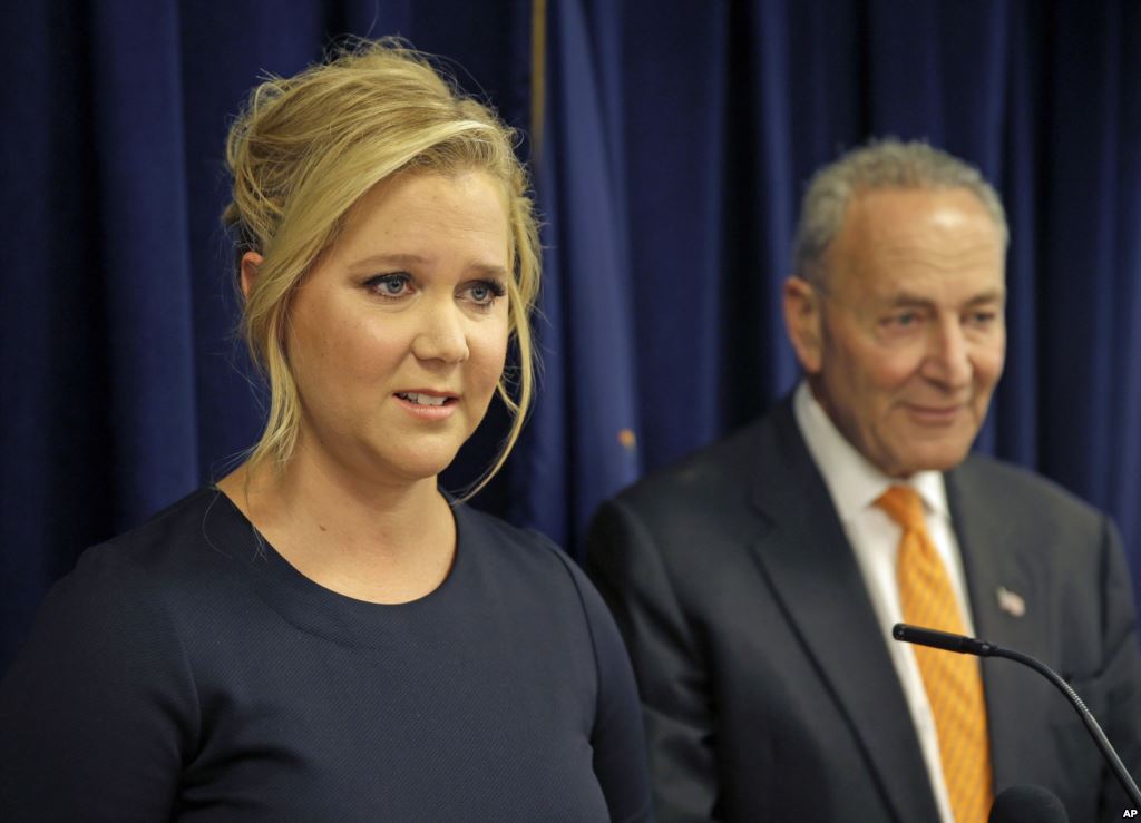 Actress Amy Schumer speaks while her distant cousin Senator Chuck Schumer watches during a news conference in New York Aug. 3 2015. The Schumers are teaming up to try and enact gun control regulations