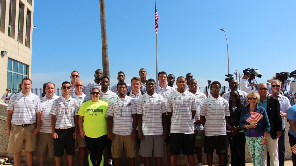 Coastal Carolina men's basketball following the U.S. flag raising in Havana Cuba