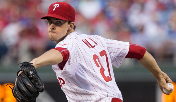 Aug 18 2015 Philadelphia PA USA Philadelphia Phillies starting pitcher Aaron Nola pitches during the second inning against the Toronto Blue Jays at Citizens Bank Park. Mandatory Credit Bill Streicher-USA TODAY Sports