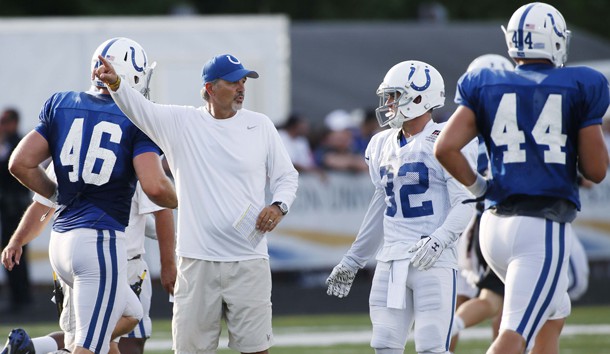 Aug 5 2015 Anderson IN USA Indianapolis Colts coach Chuck Pagano gives instructions during training camp at Anderson University. Mandatory Credit Brian Spurlock-USA TODAY Sports