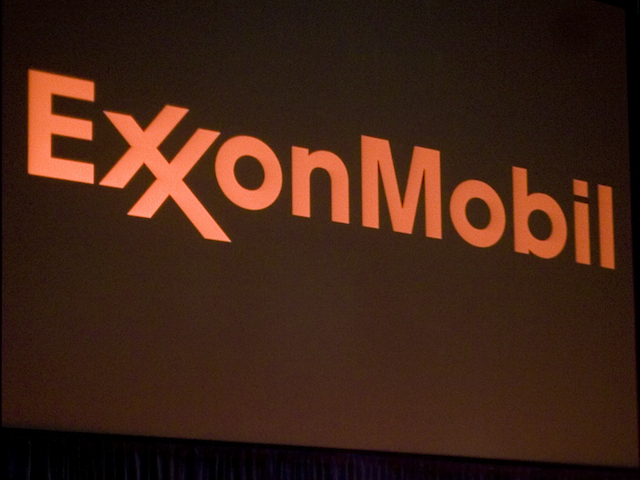 Compnay banner during an Exxon Mobil annual shareholder meeting