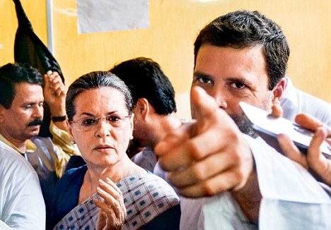 Congress president Sonia Gandhi centre leads other Congress party lawmakers including Rahul Gandhi during a protest in the parliament premises in New Delhi