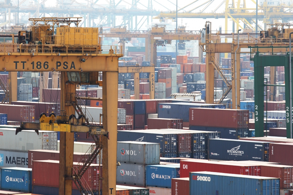 Containers are stacked at the Port of Singapore Authority's Tanjong Pagar container terminal in Singapore