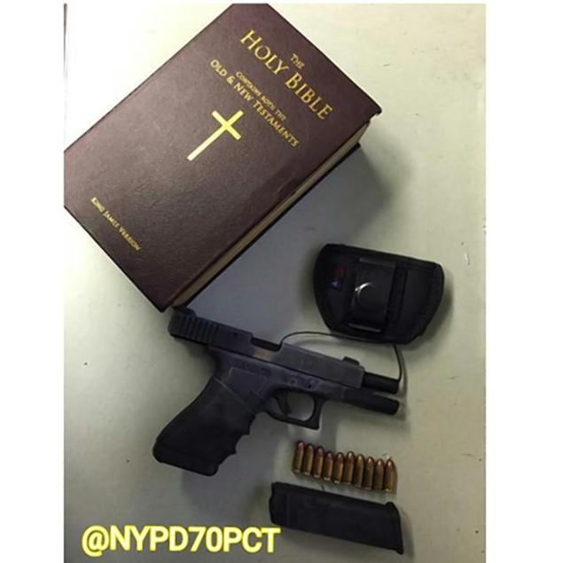 The Bible decrees'thou shalt not kill' but one fake Bible screams'store your gun here' according to police in Brooklyn