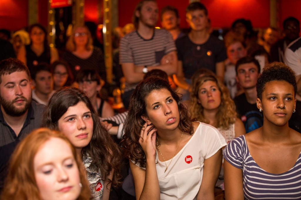 LONDON ENGLAND- AUGUST 10 Supporters of Jeremy Corbyn for the Labour Party leadership attend a launch of policy ideas for young people at All Star Lanes