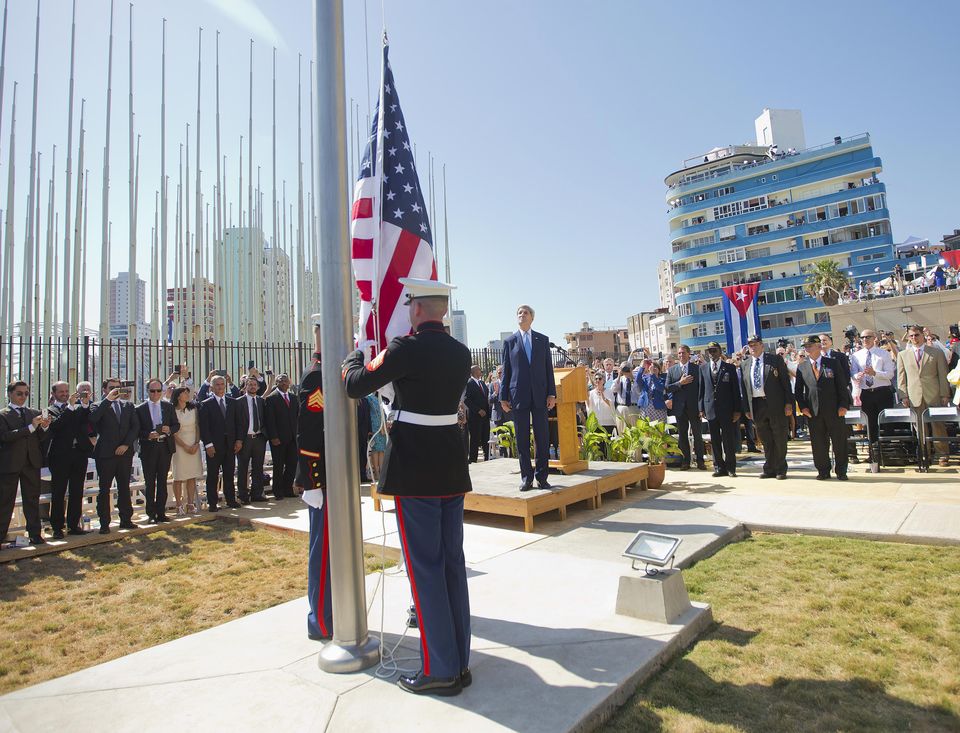 U.S. Secretary of State John Kerry delivers remarks at the flag-raising ceremony at the newly re-opened U.S. Embassy in Havana Cuba