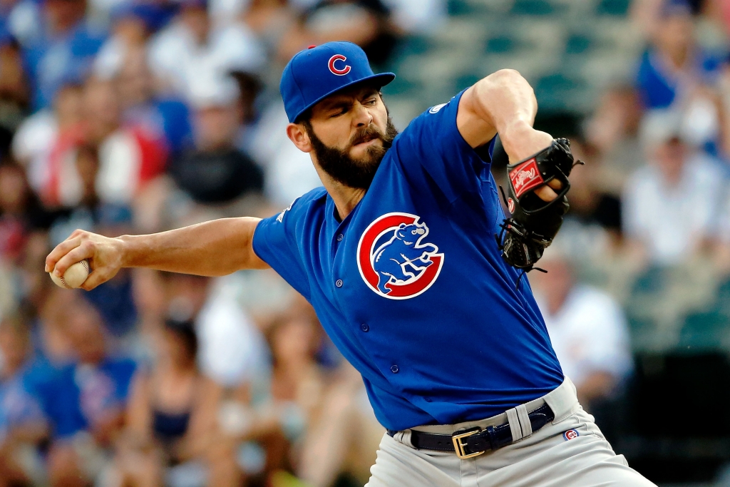 CHICAGO IL- AUGUST 15 Jake Arrieta #49 of the Chicago Cubs pitches against the Chicago White Sox during the first inning at U.S. Cellular Field