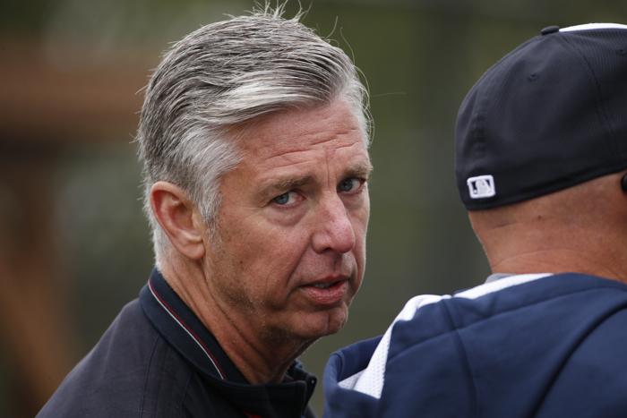 Detroit Tigers general manager Dave Dombrowski watches a baseball spring training workout in Lakeland Fla. Friday Feb. 27 2015