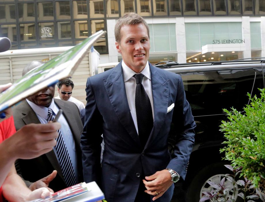 New England Patriot's quarterback Tom Brady arrives for his appeal hearing at NFL headquarters in New York. The NFL Players Union has sued to get a judge to void NFL Commissioner Roger Goodell's four-game suspensi