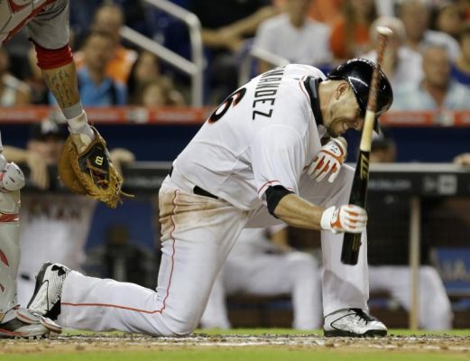 Miami Marlins Jose Fernandez reacts after striking out