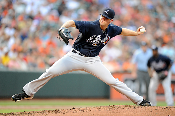 BALTIMORE MD- JULY 27 Alex Wood #40 of the Atlanta Braves pitches in the second inning against the Baltimore Orioles at Oriole Park at Camden Yards