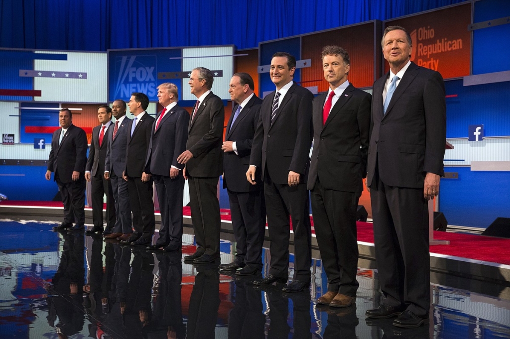 Republican presidential candidates from left Chris Christie Marco Rubio Ben Carson Scott Walker Donald Trump Jeb Bush Mike Huckabee Ted Cruz Rand Paul and John Kasich take the stage for the first Republican presidential debate at the Quicken Loa