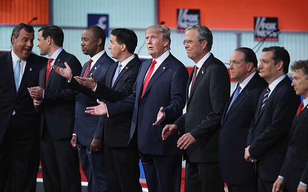 Republican presidential candidates New Jersey Gov. Chris Christie Sen. Marco Rubio, Ben Carson Wisconsin Gov. Scott Walker Donald Trump Jeb Bush Mike Huckabee Sen. Ted Cruz and Sen. Rand Paul take the stage for the first