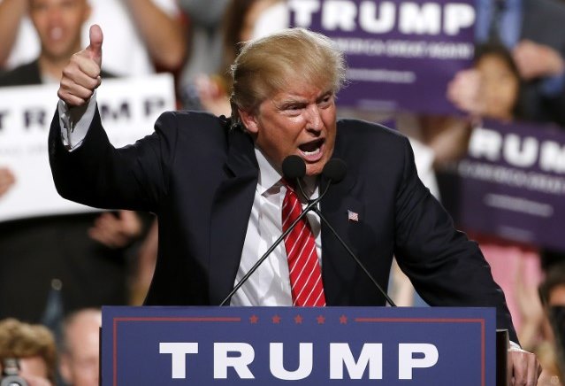 Republican presidential candidate Donald Trump finishes up speaking before a crowd of 3,500 Saturday