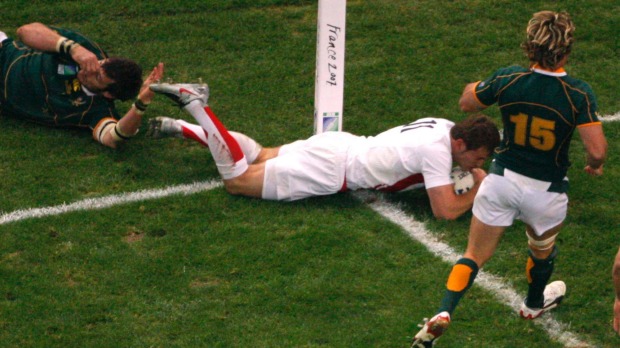 England's Mark Cueto had this try attempt in the 2007 World Cup final ruled out despite grounding the ball before his legs went across the touchline