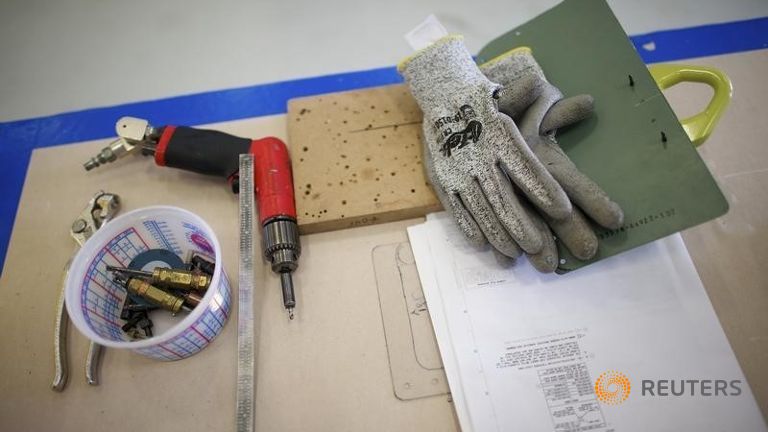 Equipment of aircraft technicians is seen on a table at Sikorsky Global Helicopters in Coatesville Pennsylvania